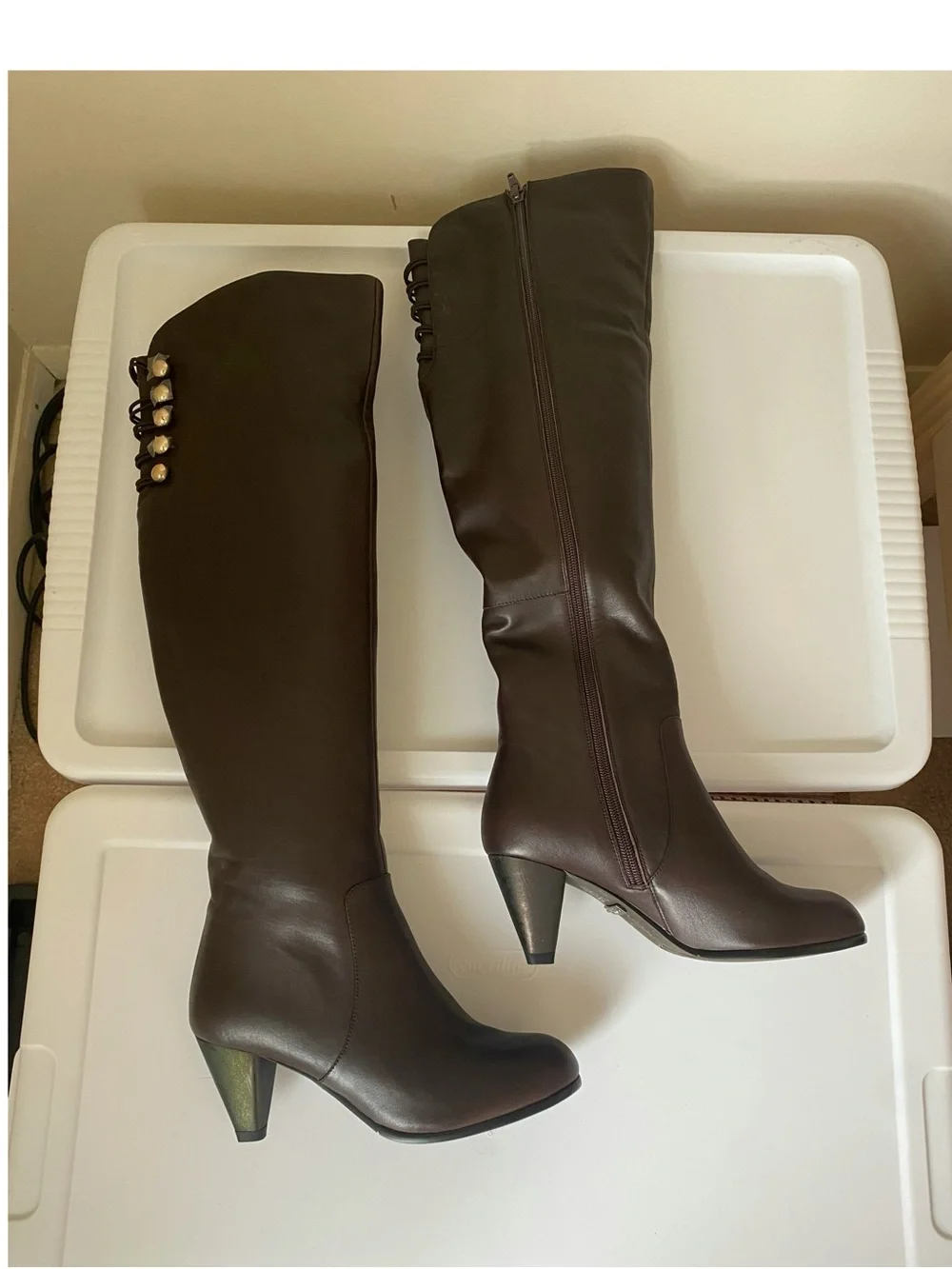 New Brown Knee-High Leather Boots with Side Zip size 36